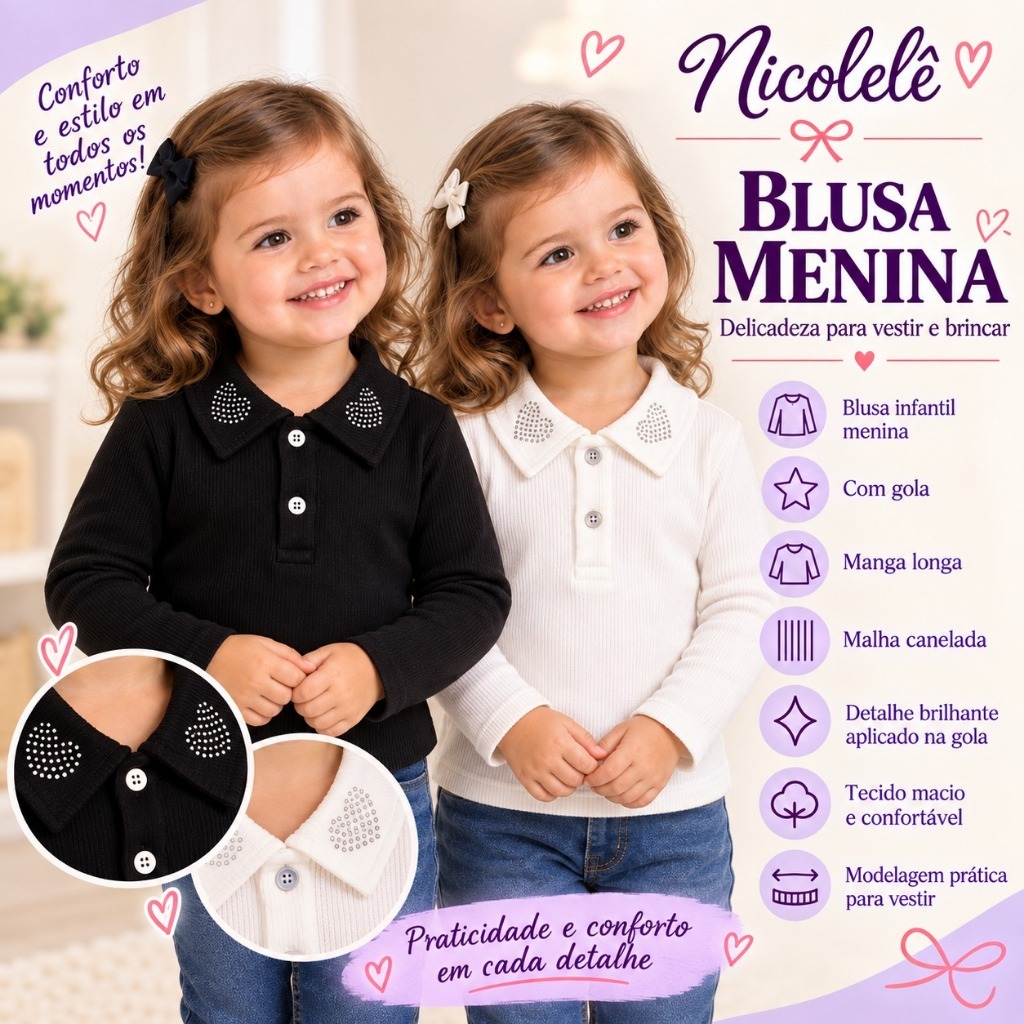 Blusa Infantil Menina com Gola Manga Longa – Branca e Preta - Tam 1 2 3
