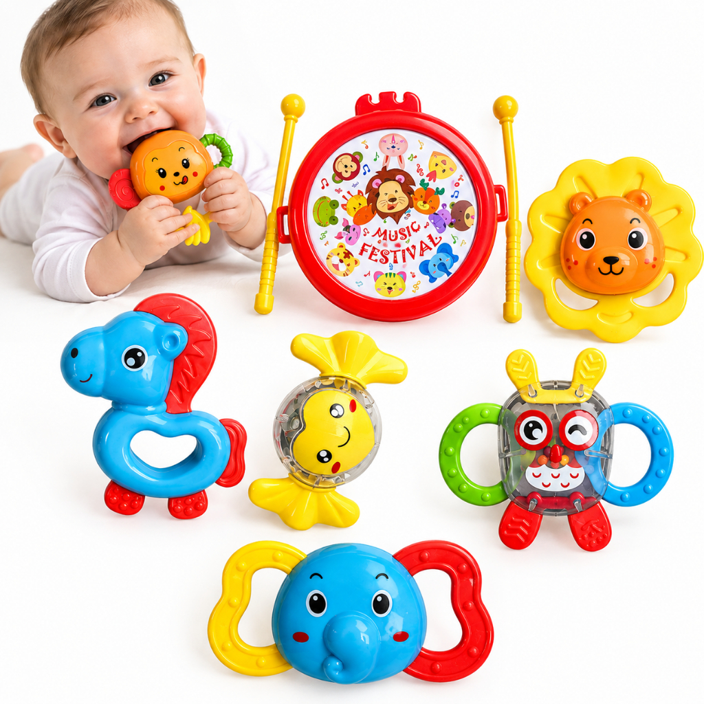 Kit Chocalho Mordedor Bebê 7 Peças Educativo Sensorial Dentição Colorido