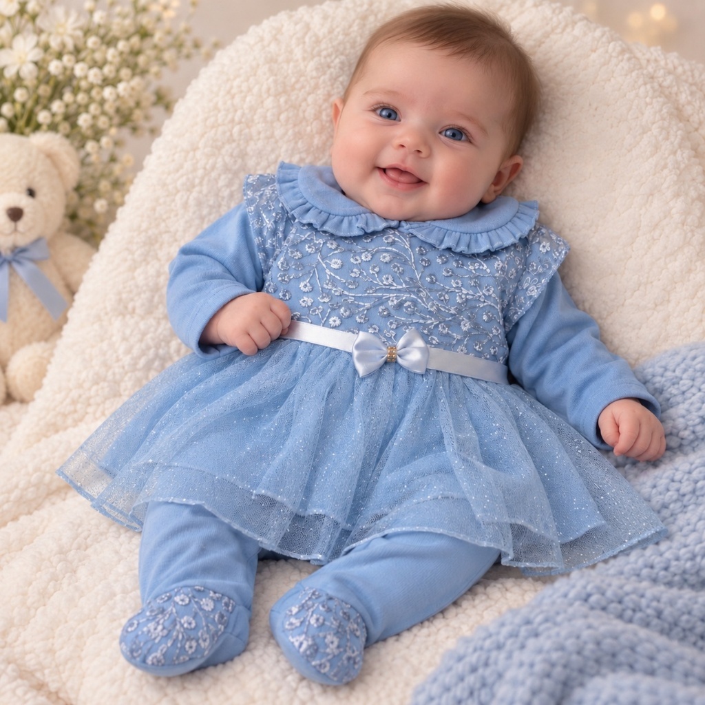 Macacão bebê menina com vestido em tule Azul Bebê Manuela