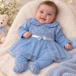 Macacão bebê menina com vestido em tule Azul Bebê Manuela