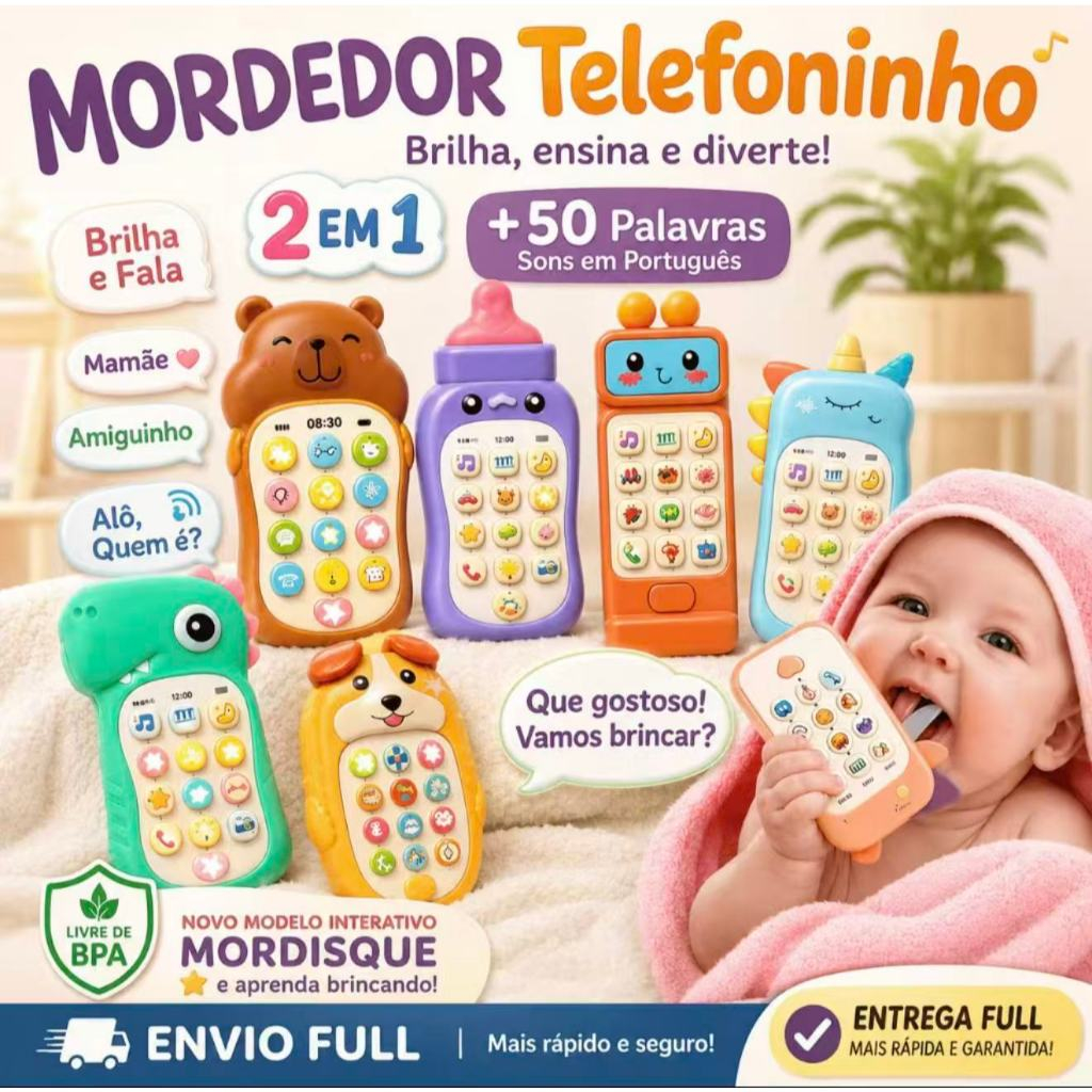Mordedor e Telefone Celular Infantil Educativo Musical 2 em 1 brinquedo para bebê//m-169