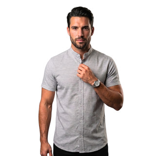 Camisa Social Masculina Gola Padre De Luxo Manga Curta Slim Linho Tecido Premium