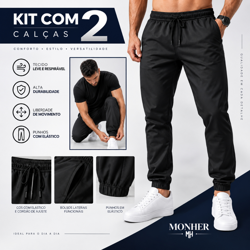 Kit 2 Calças Jogger Masculinas Tactel Elastano com Zíper Academia Treino P ao GG