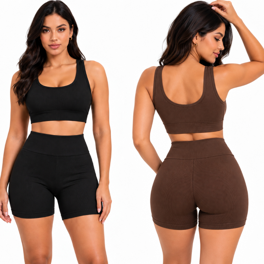 Conjunto Fitness Feminino Canelado Top com Bojo Removível Short Cintura Alta Academia Zero Transparência