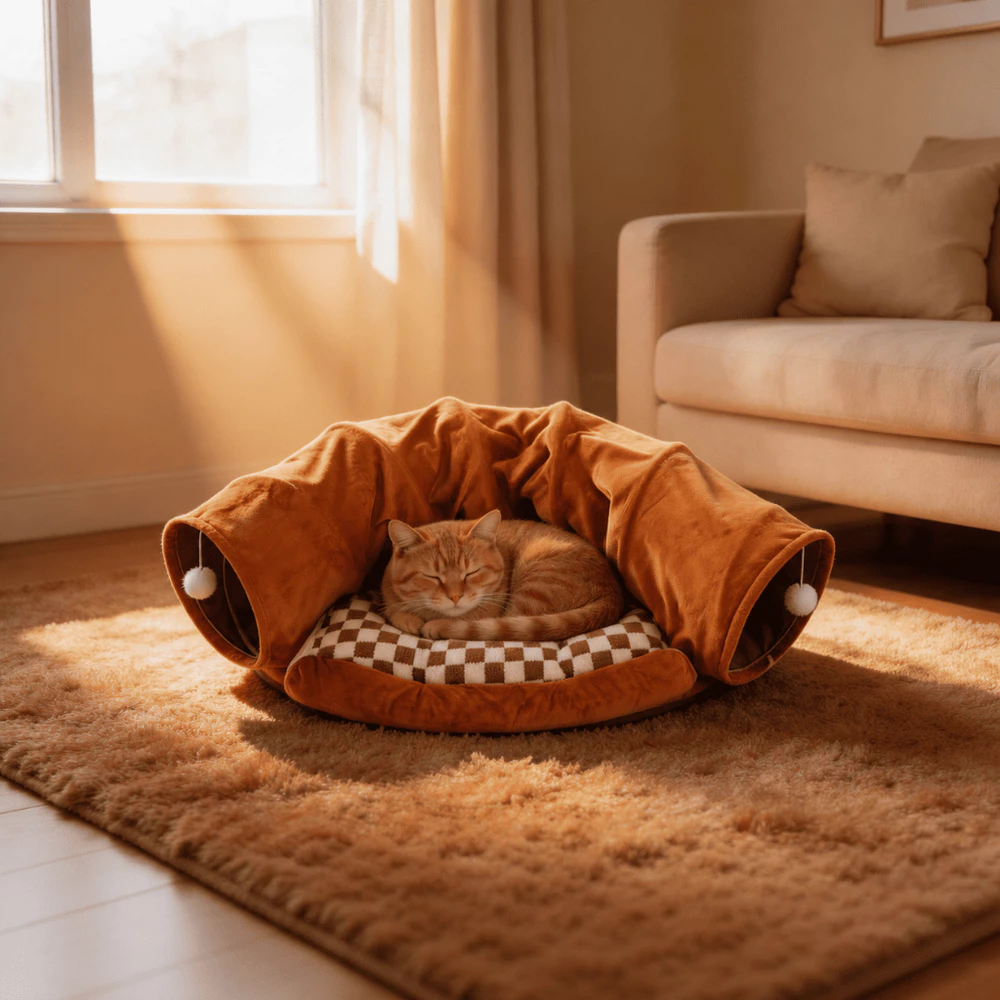 Cama Túnel para Gatos 2 em 1 com Almofada Macia Toca Interativa para Brincar e Dormir Pet