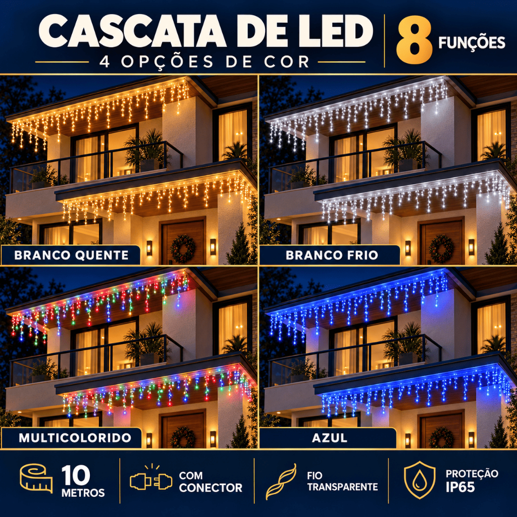 10m Cascata 400 Led 8 Funções Decoração Natal 110v 220v Conexão Macho Branco Frio Quente Pisca Pisca Enfeites de Natal
