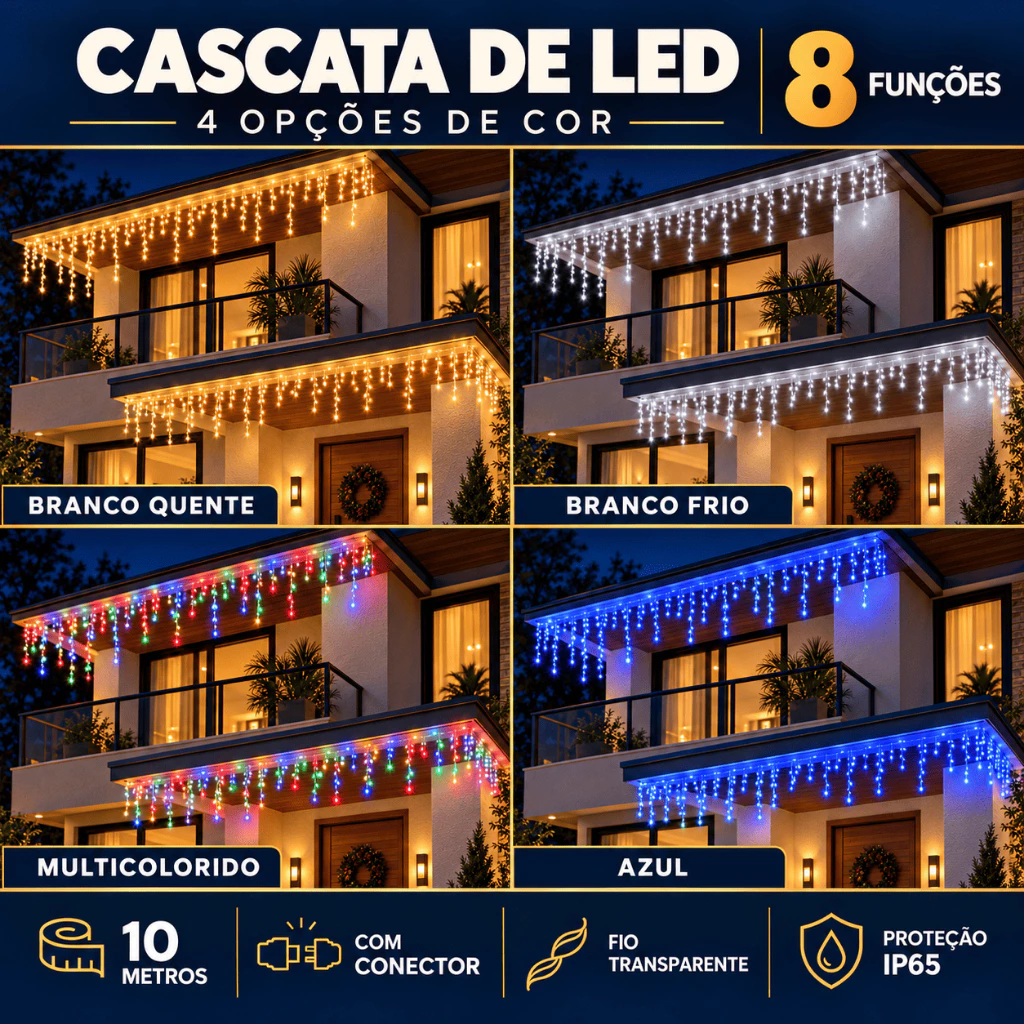 10m Cascata 400 Led 8 Funções Decoração Natal 110v 220v Conexão Macho Branco Frio Quente Pisca Pisca Enfeites de Natal — imagem 1