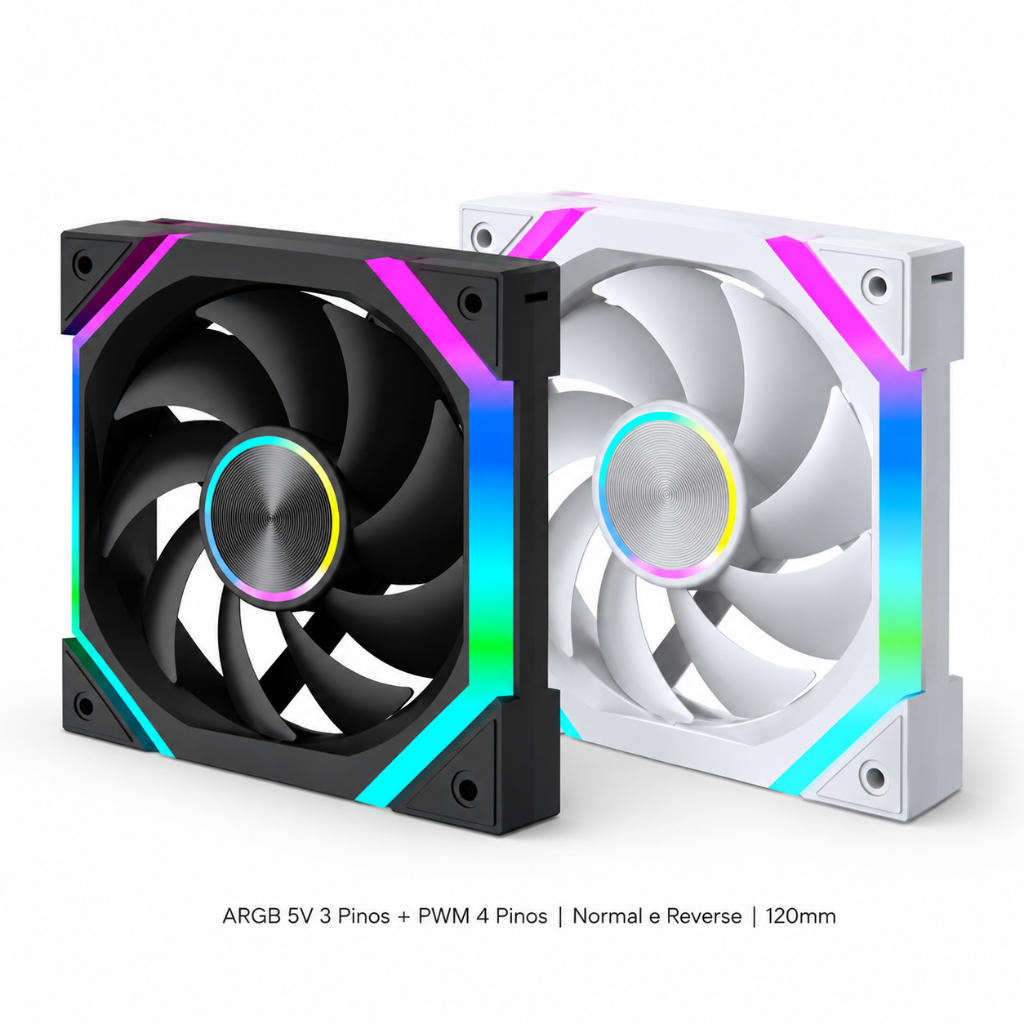 Cooler Fan ARGB PS120 120mm – Iluminação 3 Pinos 5V Reverse Premium (Preto ou Branco)