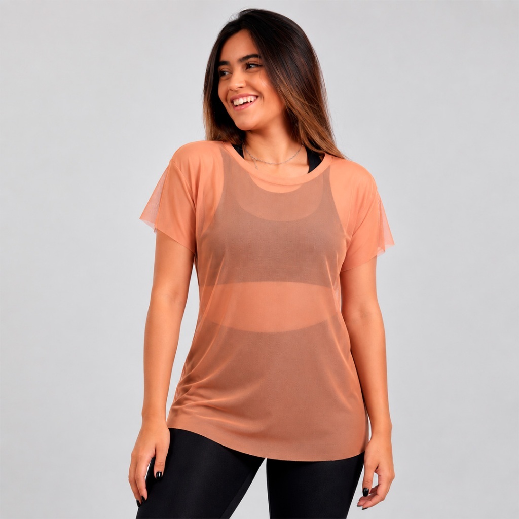 Blusa Feminina Transparente de Tule Manga Curta Camiseta Academia Treino