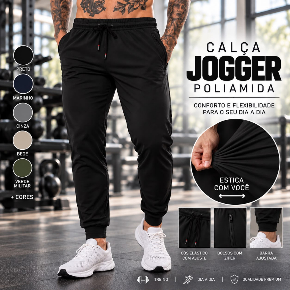 Calça Masculina Jogger com Bolso e Fitas Esportiva Poliamida para uso Academia Casual