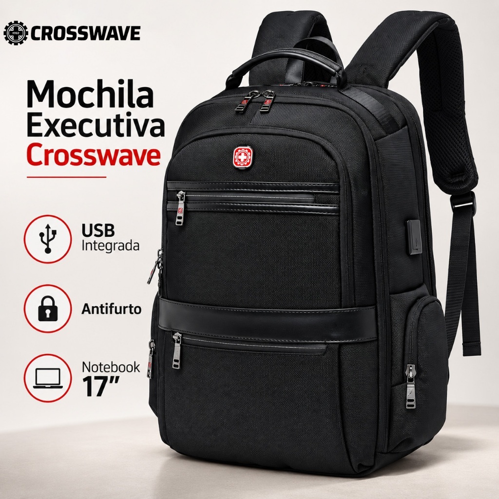 Crosswave Mochila Masculina Executiva Grande USB Trabalho Faculdade Alça Reforçada