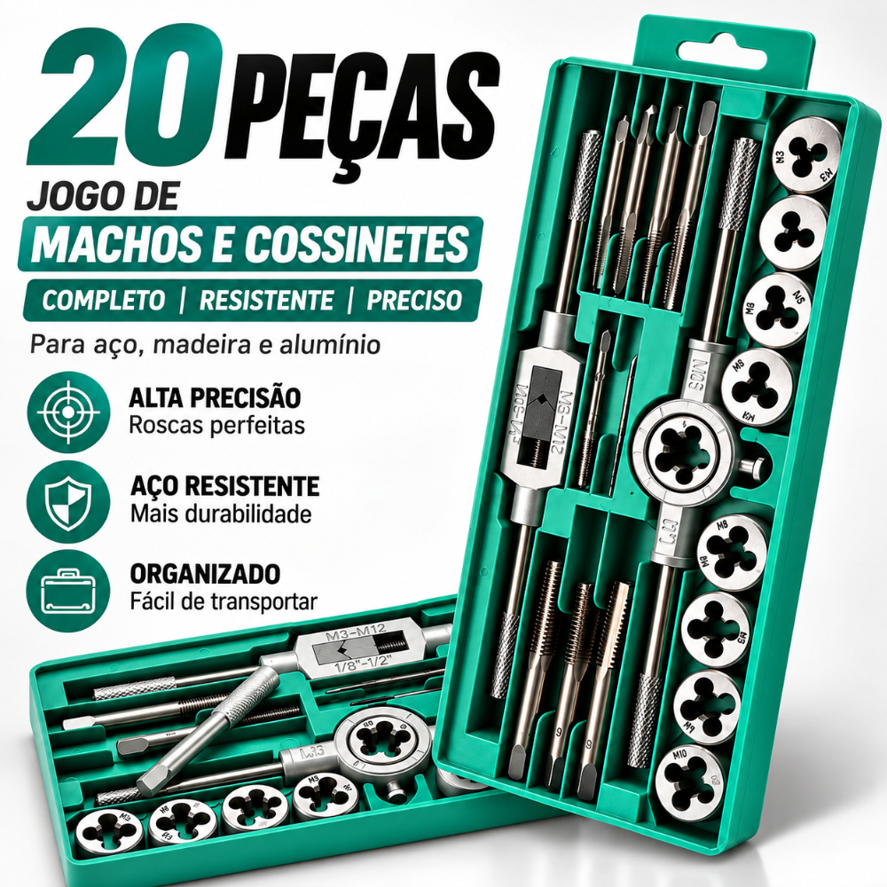 Kit de 20 Peças Macho E Tarracha Profissional Para Aço, Madeira e Alumínio Ferramentas de Reparo Manual