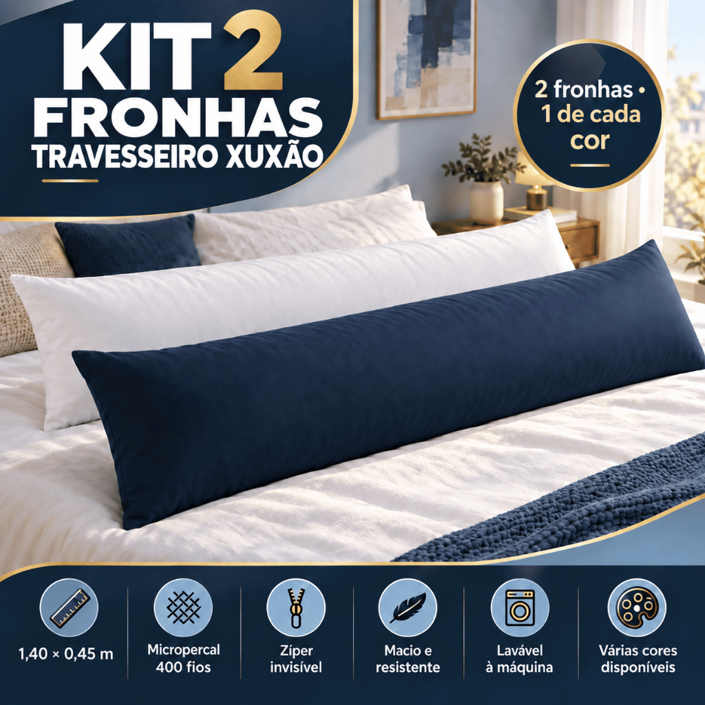 Kit 2 Fronhas Xuxão 400 Fios Combinações de Cores Travesseiro de Corpo com Zíper 1,40x0,45 cm