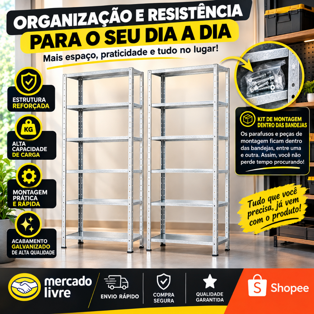 Prateleira de aço kit 2 Organizador  galvanizado ou preto 198x90x27 multiuso escritório lavanderia