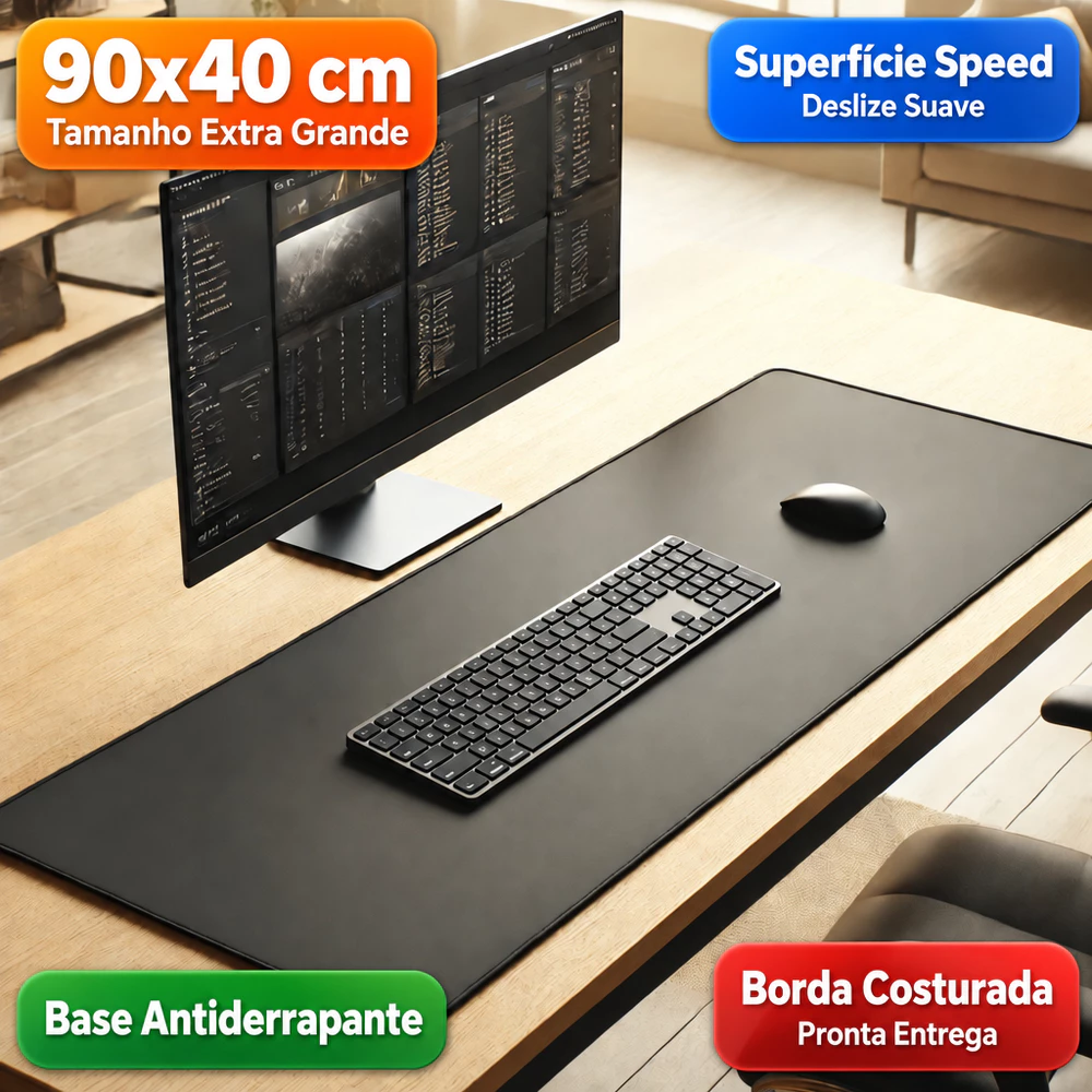 Mouse Pad Preto Gamer Extra Grande 90x40cm Preto Speed Liso