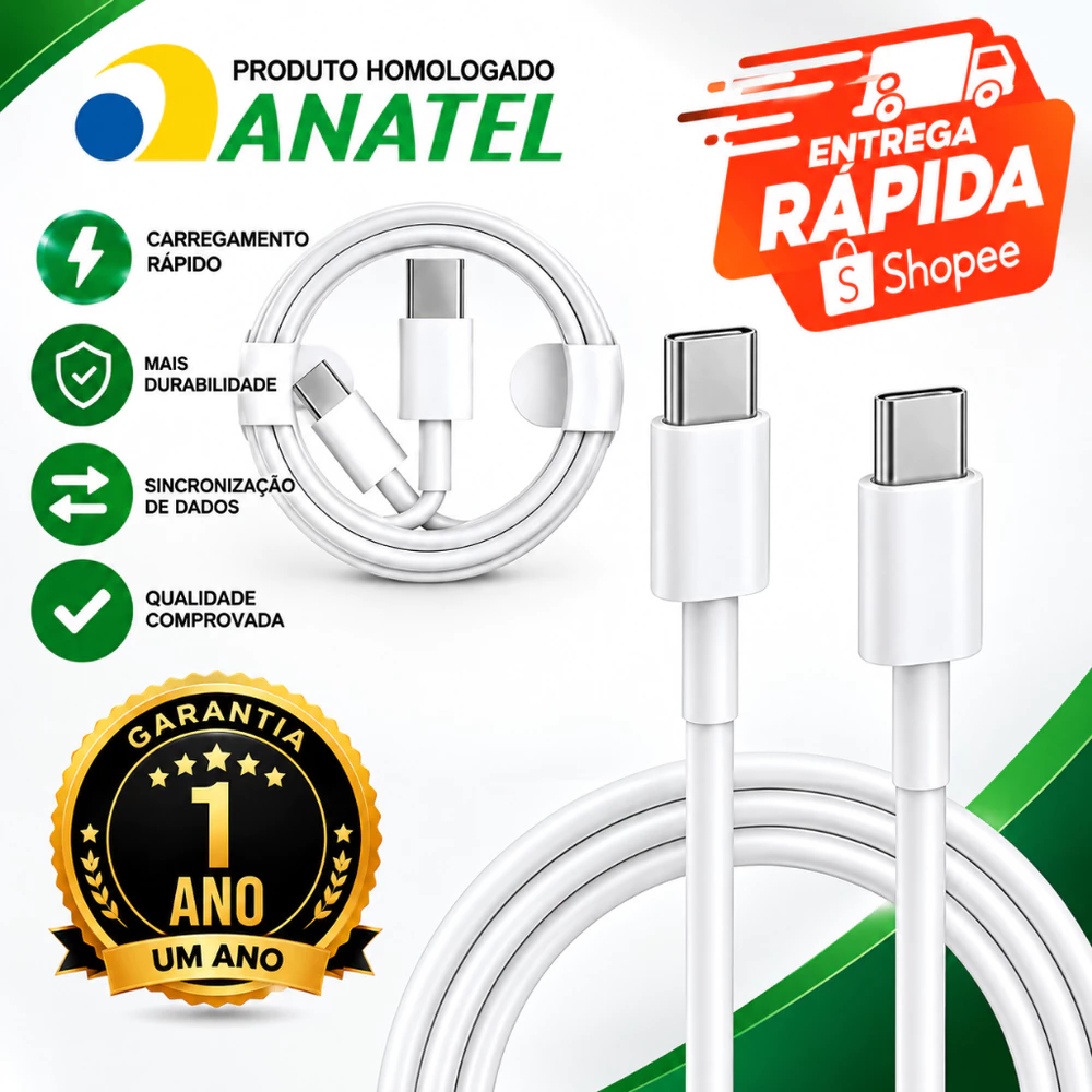 Cabo de Carregador Usb-c Antiquebra 2 Metros Tipo C Carga Rápida Android Iphone 15 16 17 18