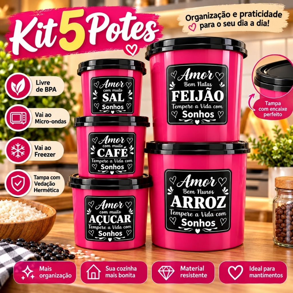 JOGO MANTIMENTOS LANÇAMENTO 5 PEÇAS COM TAMPA BPA FREE OLIPLAST ORGANIZADORES COZINHA
