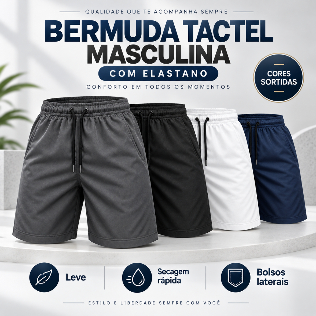 Bermuda Shorts Masculina Tactel com Elastano Leve Confortável para Treino e Esporte