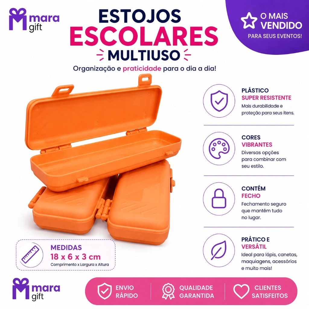 Estojo de plástico (escolar, para organização, lembrancinhas)