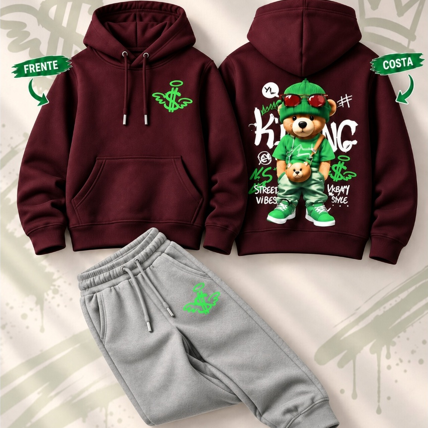 Conjunto Calça cinza Blusa casaco Moletom Masculino Quentinho Canguru flanelado criança