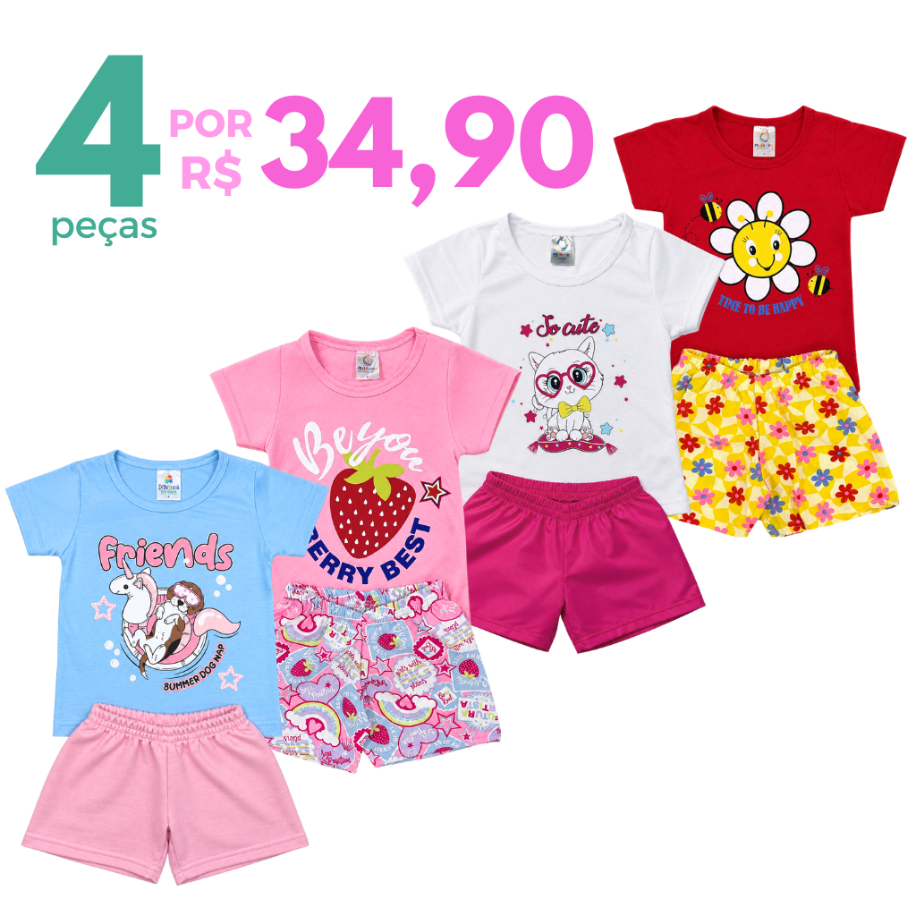 Kit 4 Peças Conjunto Sortido Roupa Infantil Menina Verão Estampado Camiseta + Shorts Bebê