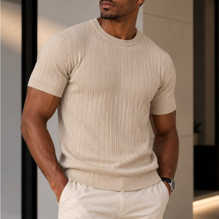 Camisa Masculina Canelada em Tricot Gola Redonda Manga Curta Macia Verão  Dia dos Pais