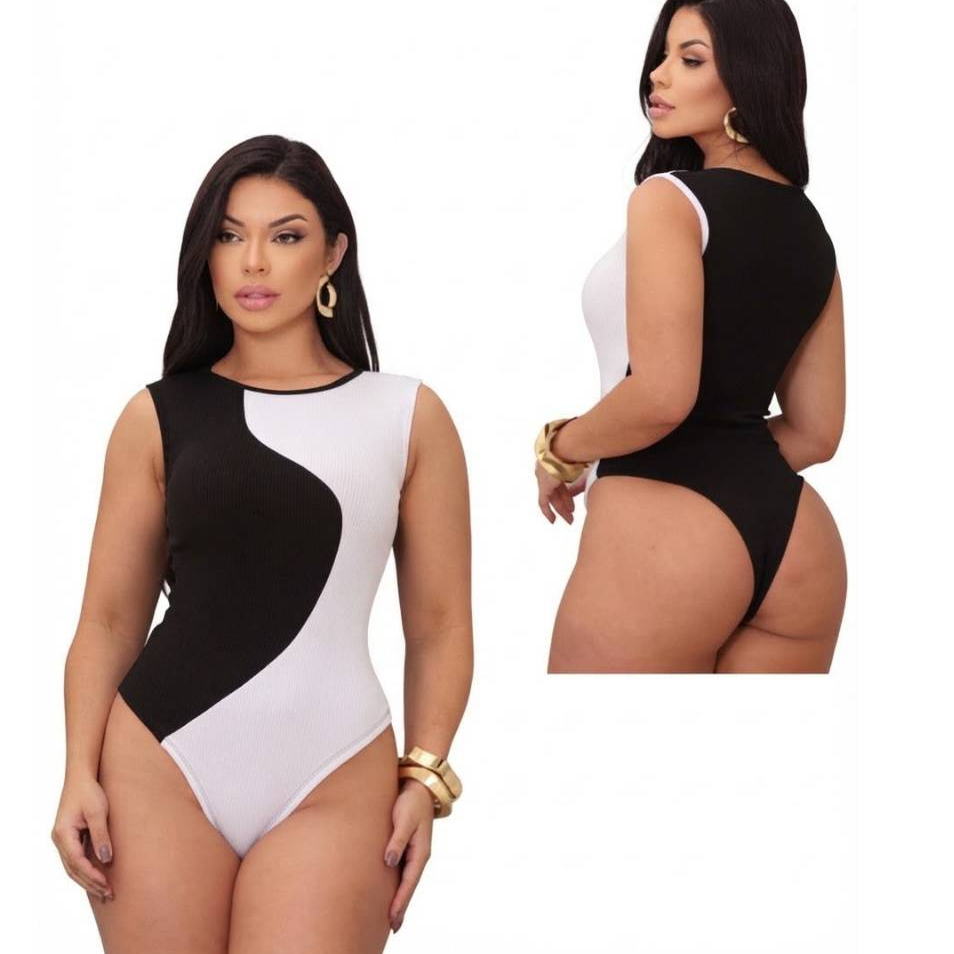 Body Feminino Casual Preto e Branco  Onda Regata Tecido Canelado Estilo Conforto e Elegância P M G GG