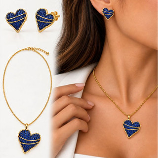 Conjunto Feminino Coração Azul Cravejado Dourado Colar e Brinco Kit Pingente Zircônia Azul Safira Cravejação Pavê Corren