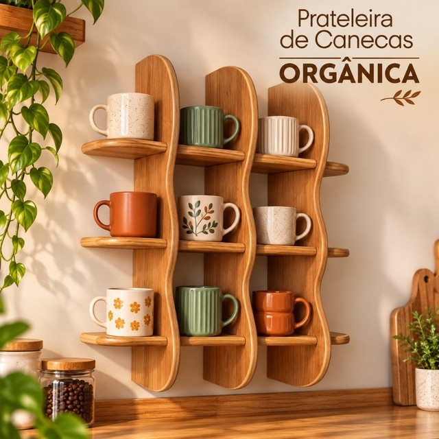 PRATELEIRA DE CANECAS ORGANICA MDF 15MM ORGANIZADOR DE COZINHA PAREDE