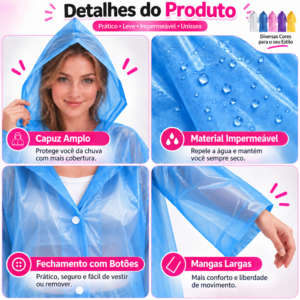 Capa de Chuva Adulto Unissex Impermeável Longa com Capuz Reutilizável Leve · foto 2