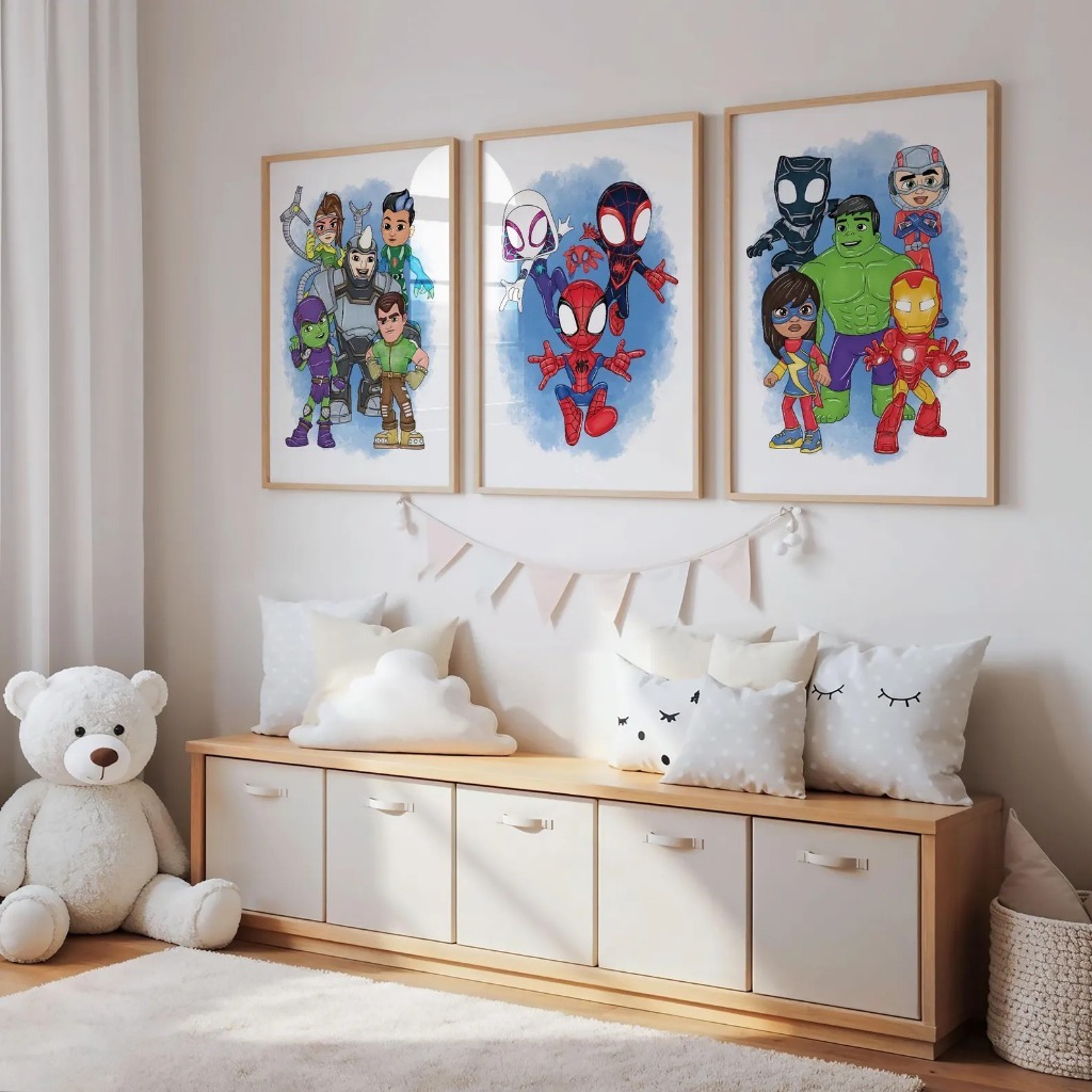 Kit 3 Quadros decorativos infantil super heróis baby vingadores 120x60 grande para sala quarto mdf