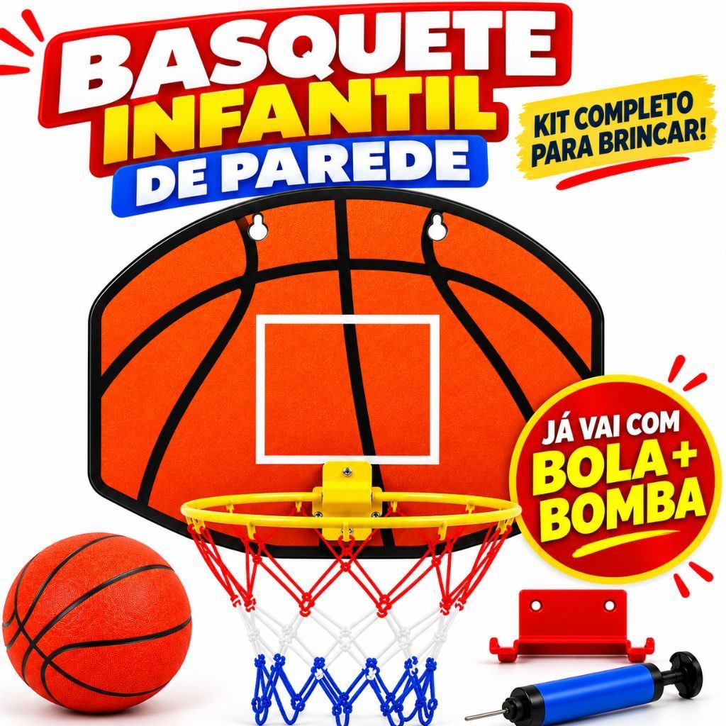 Cesta Basquete Grande Reforçada Completa Aro Rede Bola Bomba de Ar Suporte Kit Infantil De Parede 35x25cm