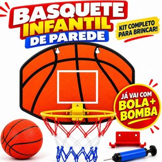Cesta Basquete Grande Reforçada Completa Aro Rede Bola Bomba de Ar Suporte Kit Infantil De Parede 35x25cm