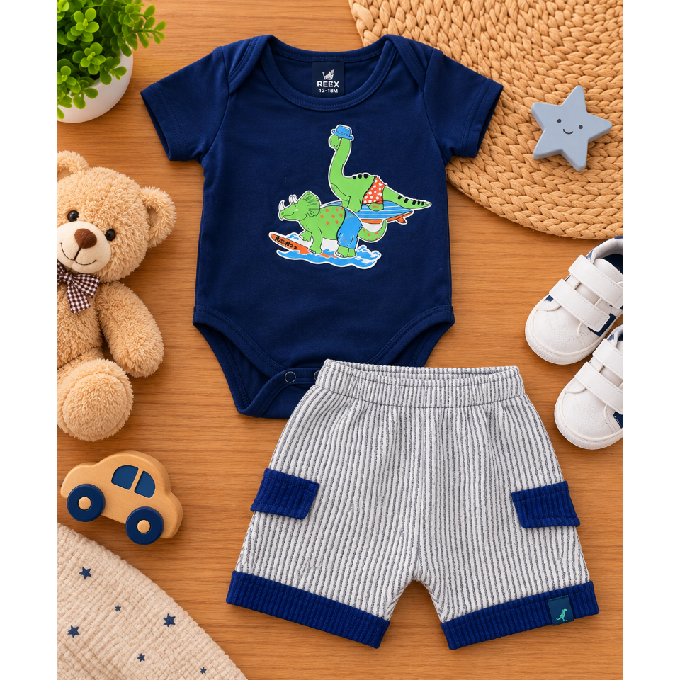 Conjunto Masculino Body Estampa Dino e Bermuda Moletinho Rei Rex