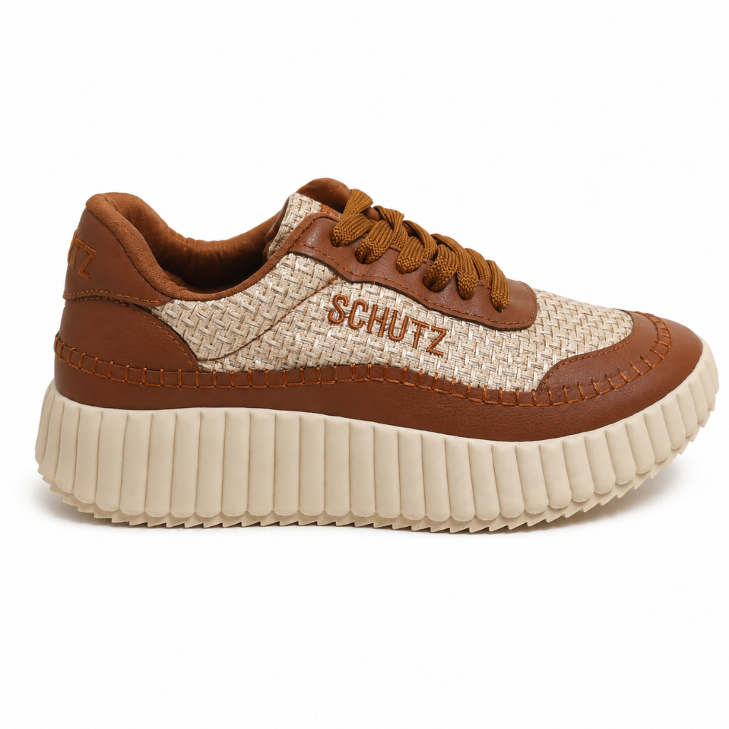 Tênis Feminino Casual Plataforma Marron Caramelo Confortável Leve Sola Alta Chunky Moderno Dia a Dia