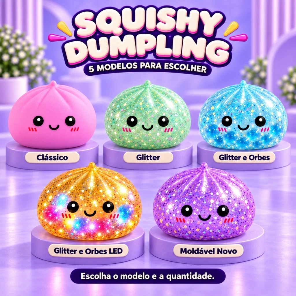 Brinquedo Squishy Dumpling Bolinho Fidget Sensorial Antiestresse - Modelos Clássico, Glitter, Bolinhas e Led, de Gel — imagem 1