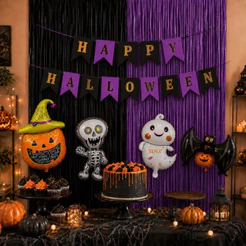 Kit Decoração Halloween Cortina Balão Faixa Preto Roxo
