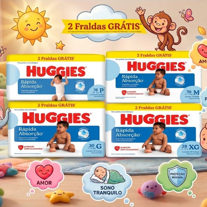 Fralda Descartável Huggies Rápida Absorção - Tamanho P, M, G e XG
