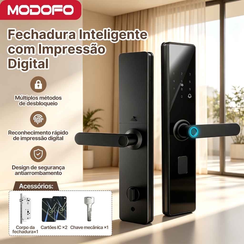 MODOFO Fechadura Digital Biométrica Eletrônica Com Impressão Digital Senha Cartão IC TTLock Campainha Chave Mecânica