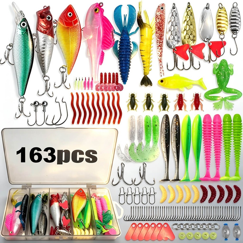 Kit 107/133/163 Peças Isca Artificial Pesca Iscas Macias e Duras, Ganchos Para Água Doce e Salgada