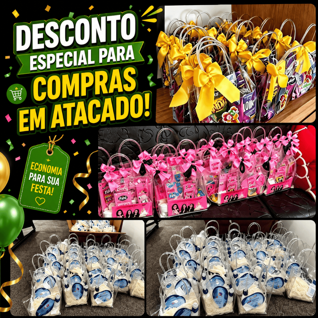 Kit 40/50 Sacolas PVC Transparente para Lembrancinhas Festas Alça Reforçada Desconto para Compras em Quantidade