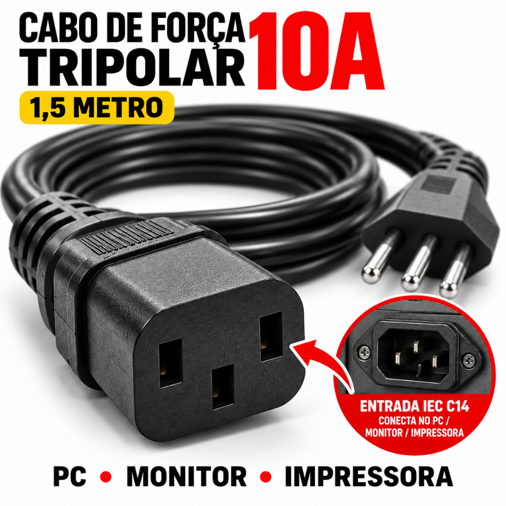 Cabo de Força Tripolar 3 Pinos 1,5 Metro Para PC, Computador,  Monitor, Tv e Impressora 10A