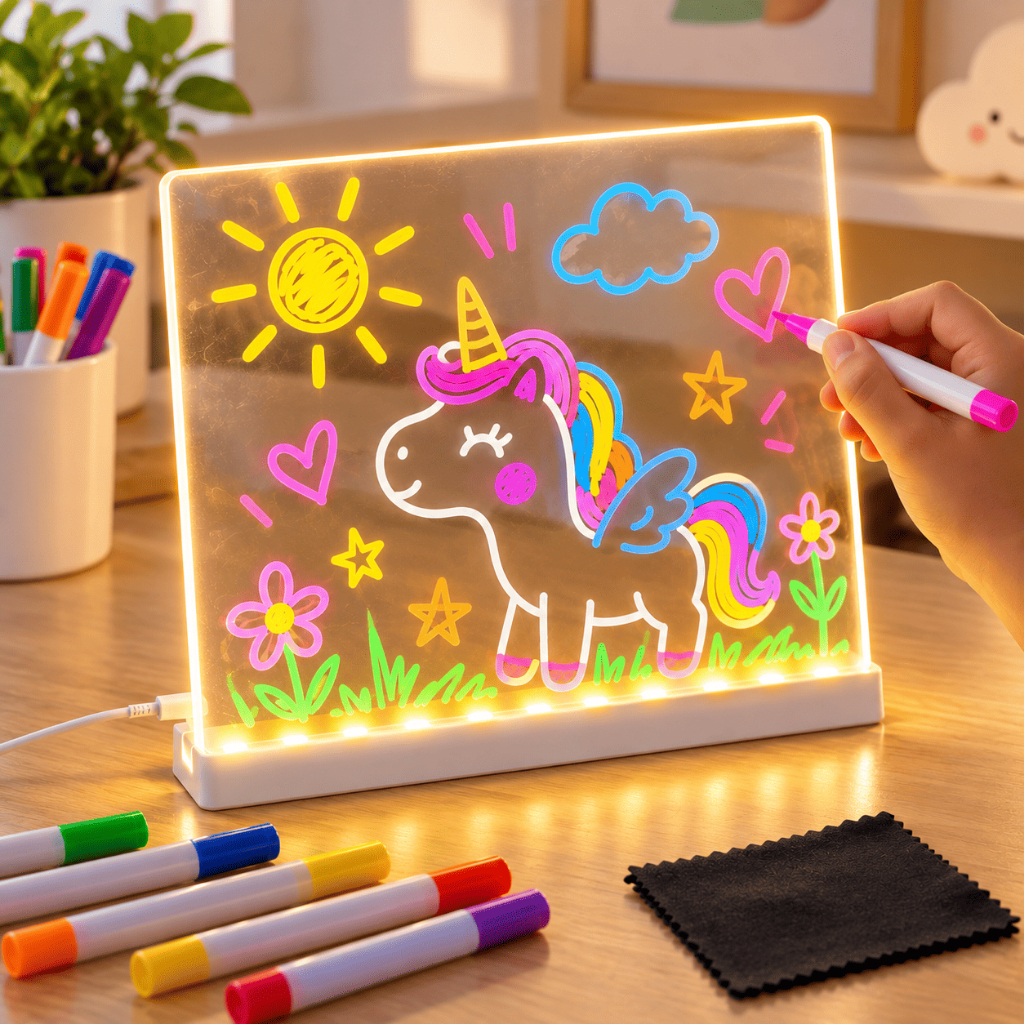 Luminária Led Escrever De Caneta Quadro Mesa Anotações 20x20 Canetas Coloridas Lousa Dia das Crianças