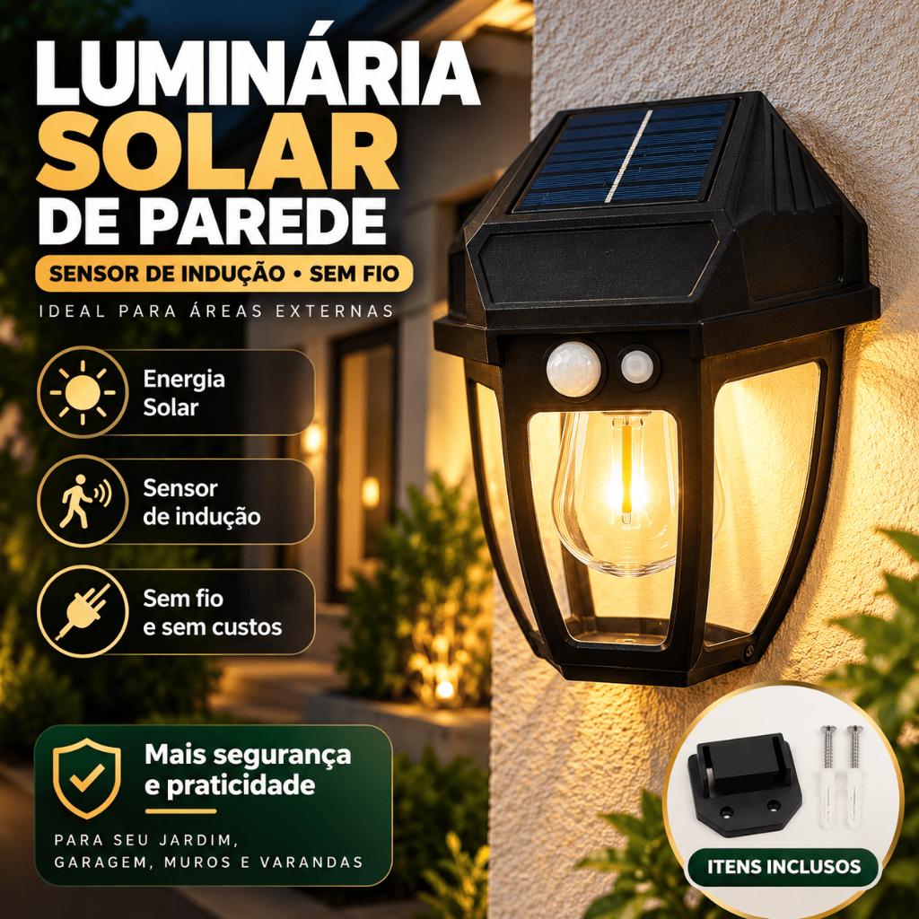 Luminária Solar de Parede Arandela Vintage LED com Sensor de Movimento Luz Quente Área Externa Jardim Muro