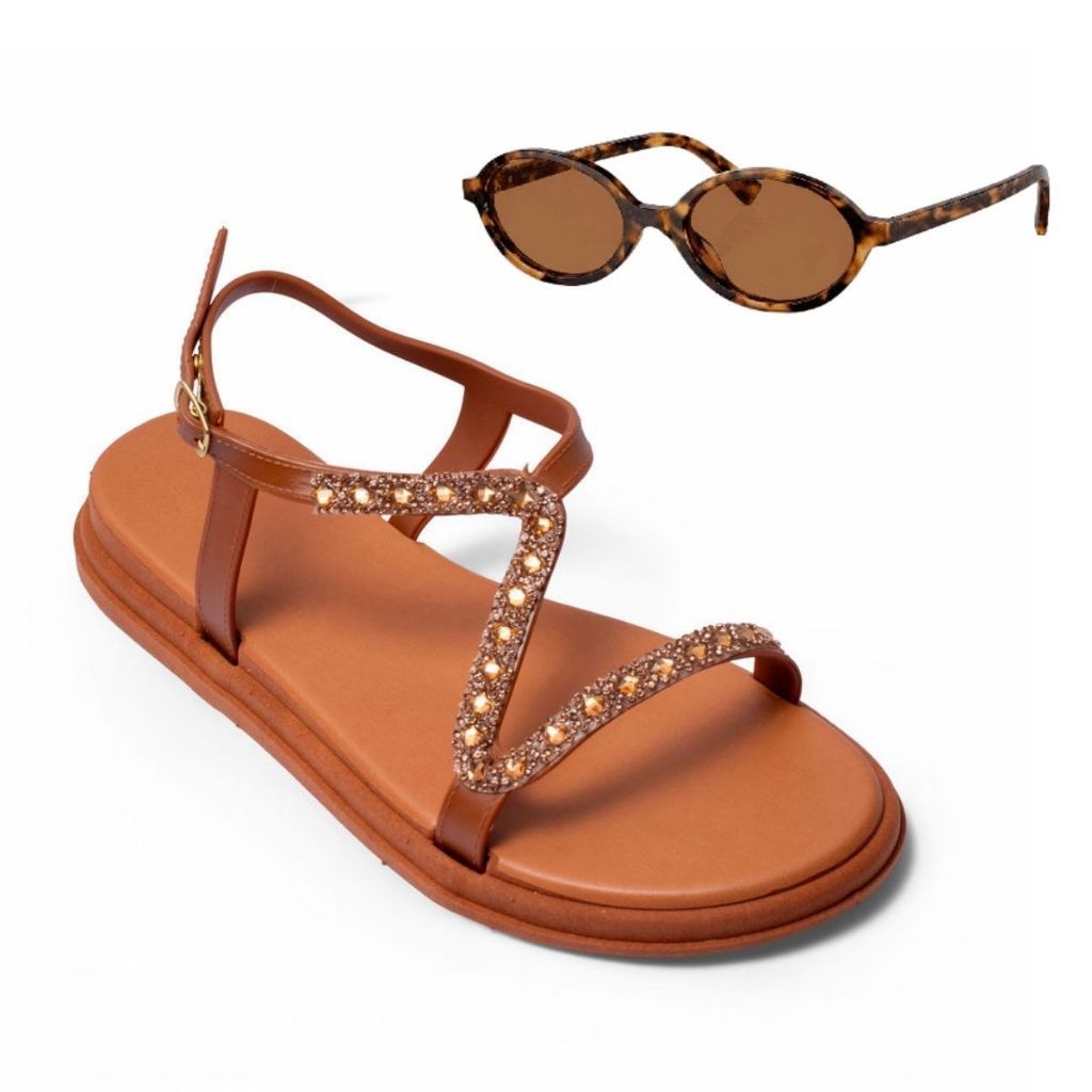 Sandália Papete Feminina Rasteira Brilho Strass Luxo  Elegante Moderna Ajuste Antiderrapante com Óculos MIU Oval