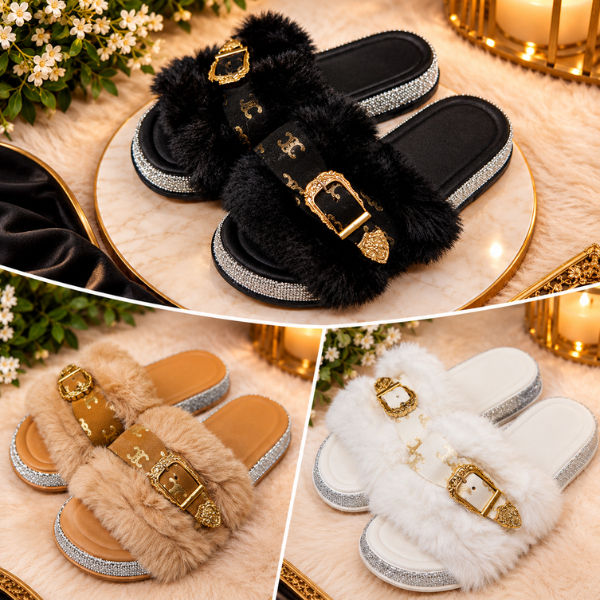 Chinelo Feminino Pelúcia Luxuoso Fivela Dourada Strass Antiderrapante Confortável Casual Elegante