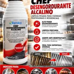 Desengordurante Alcalino Renko Chef 1L Concentrado Profissional Limpeza Pesada Gordura Incrustada Coifa Chapa