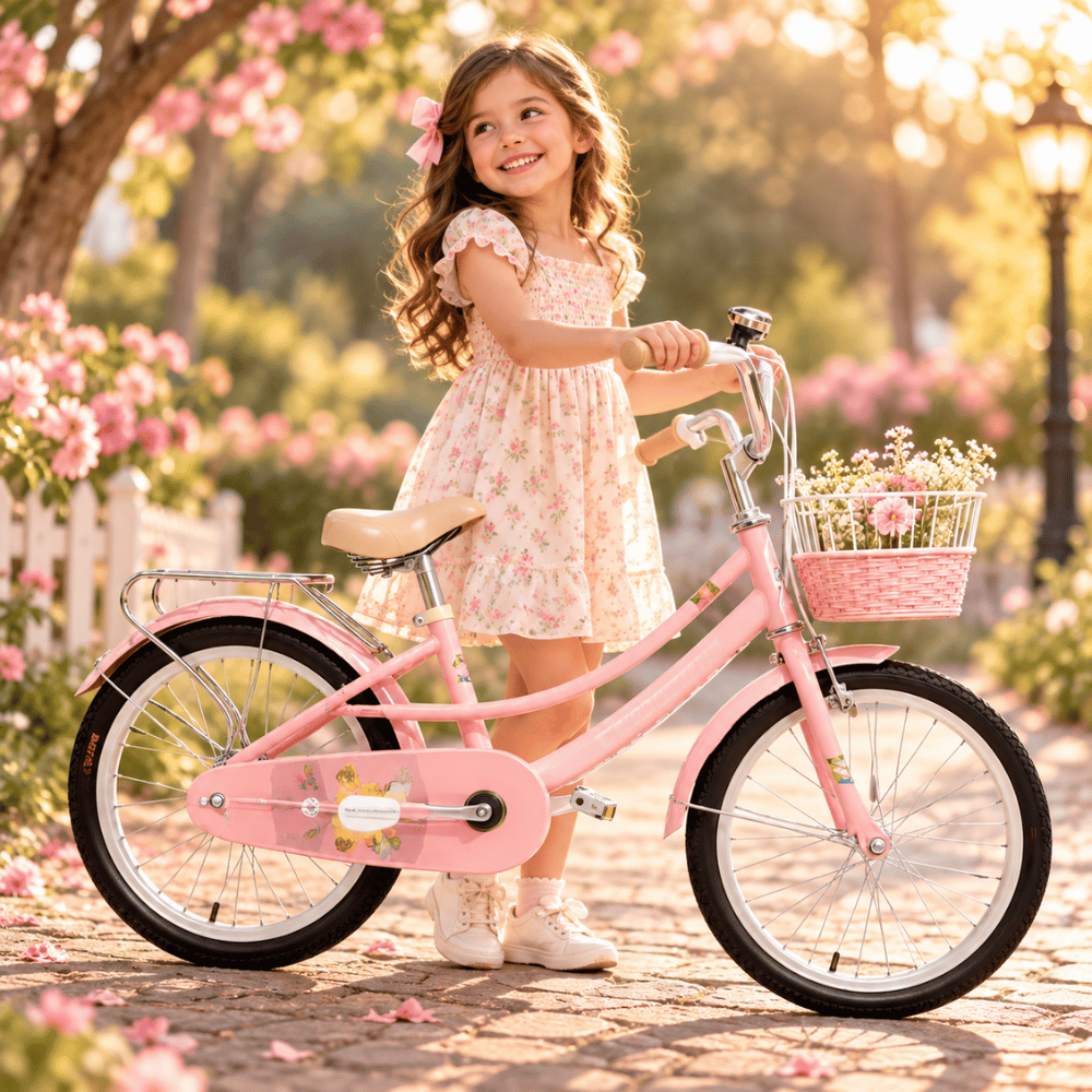 Bicicleta Retrô Rosa Vintage c/ Cestinha e Campainha Aro 20 Premium Infantil Menina