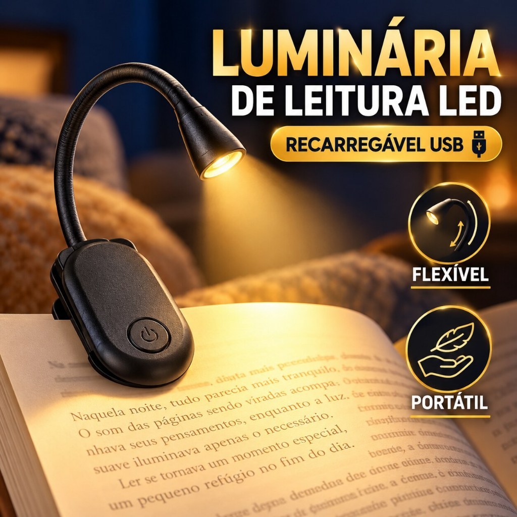 Luminária De Leitura Led Recarregável Usb Com Clipe Articulada 3 Cores Luz Livro Portátil Flexível Noturna Preto/Branco