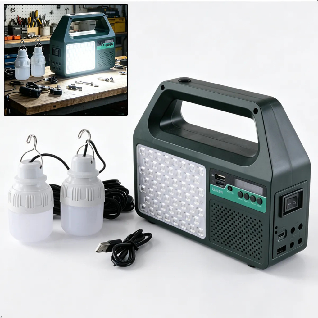 Gerador Solar Portátil Multiuso 4800mAh, Luz Emergência, Bluetooth Rádio FM + 2 Lâmpadas para Camping